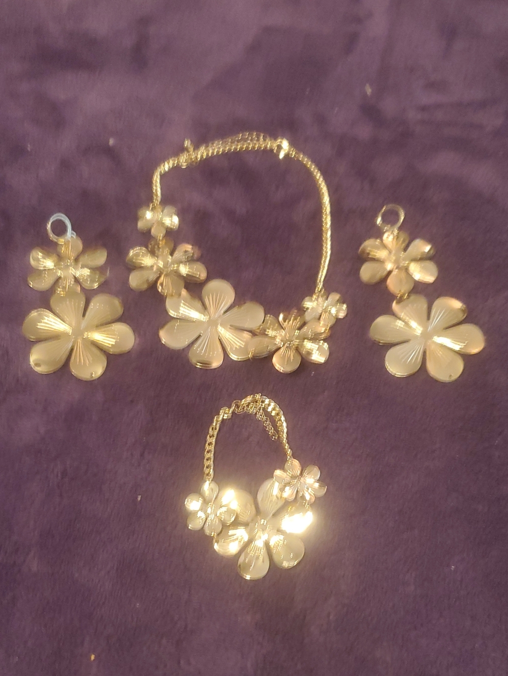 Gold Floral Statement Necklace and Earring And Bracelet Set